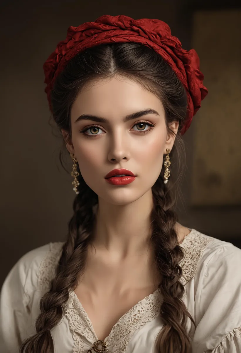 A beautiful woman with long braided hair, wearing a red headscarf and traditional old-fashioned attire, captured in a studio setting. AI generated image using Stable Diffusion.