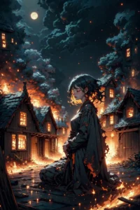 AI generated image using stable diffusion depicting a woman standing in a burning village at night with a full moon overhead.