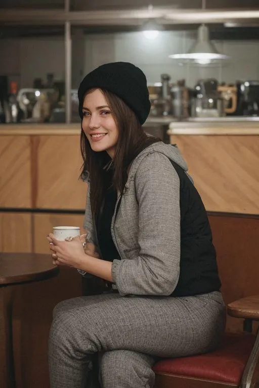 A woman in a casual outfit, sitting in a cafe holding a coffee cup, AI generated image using Stable Diffusion.
