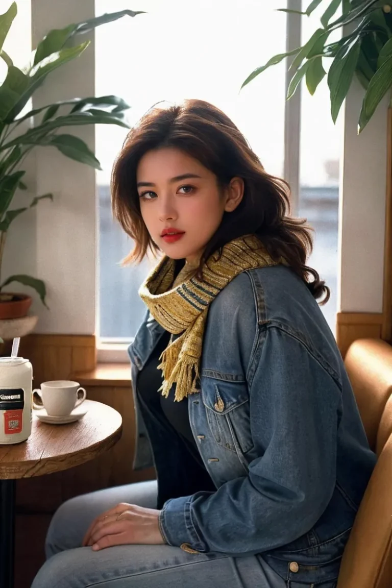A casually dressed young woman sitting in a cafe, wearing a denim jacket and a yellow scarf. AI generated image using Stable Diffusion.