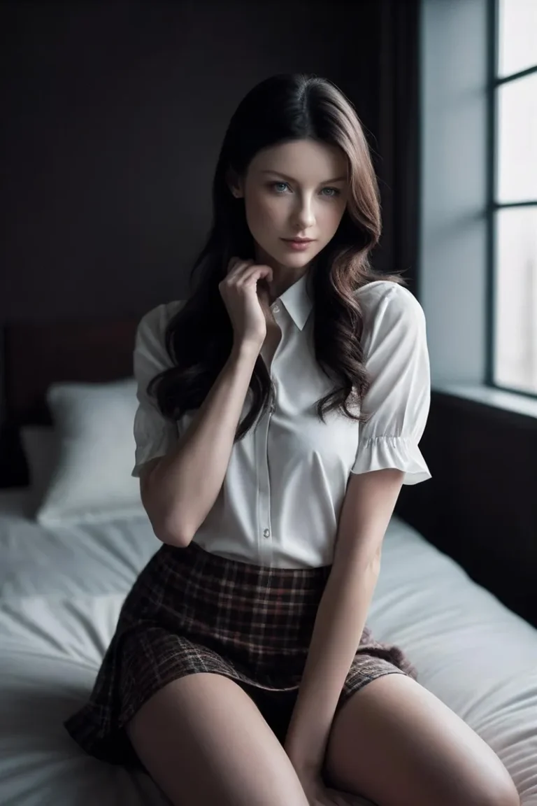 A young woman with long wavy hair sits on a bed, wearing a white button-up short-sleeve blouse and a plaid skirt, near a window. AI generated image using Stable Diffusion.