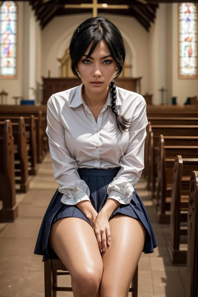 A realistic AI generated image using Stable Diffusion, featuring a woman with braided hair wearing a white blouse and navy skirt, seated in a church pew.