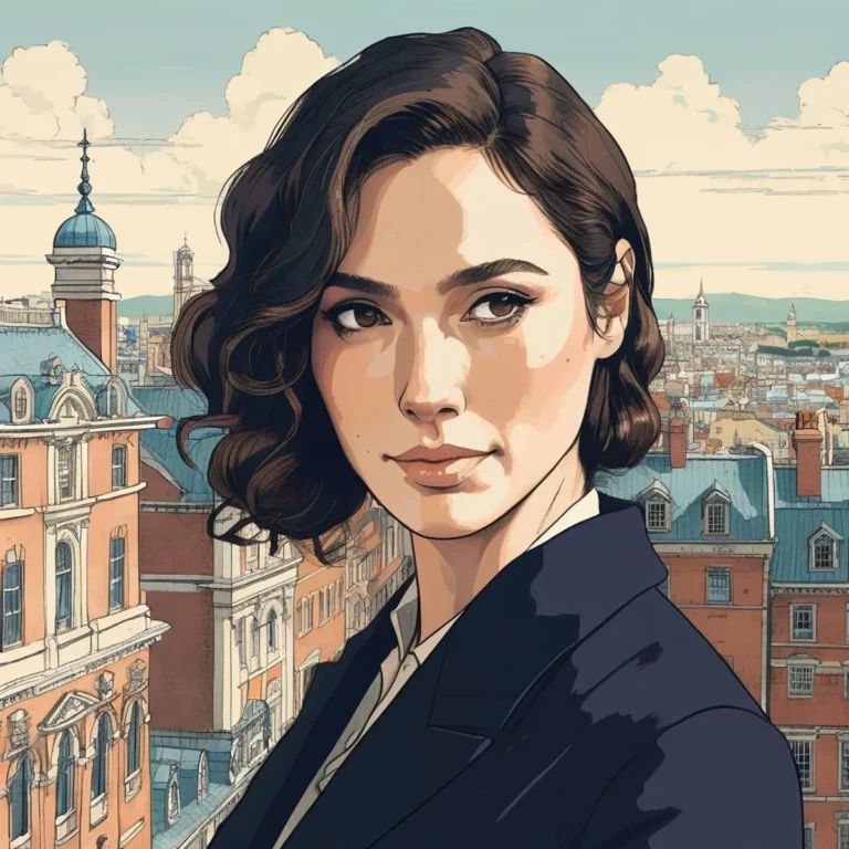 AI generated image using stable diffusion of a woman with short, curly brown hair wearing a dark blazer, standing in front of a detailed cityscape with historic buildings and a blue sky with clouds.