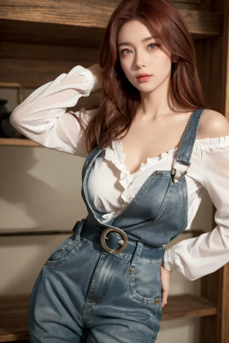 A young woman with long hair wearing denim overalls and a white blouse. The image is AI generated using Stable Diffusion.