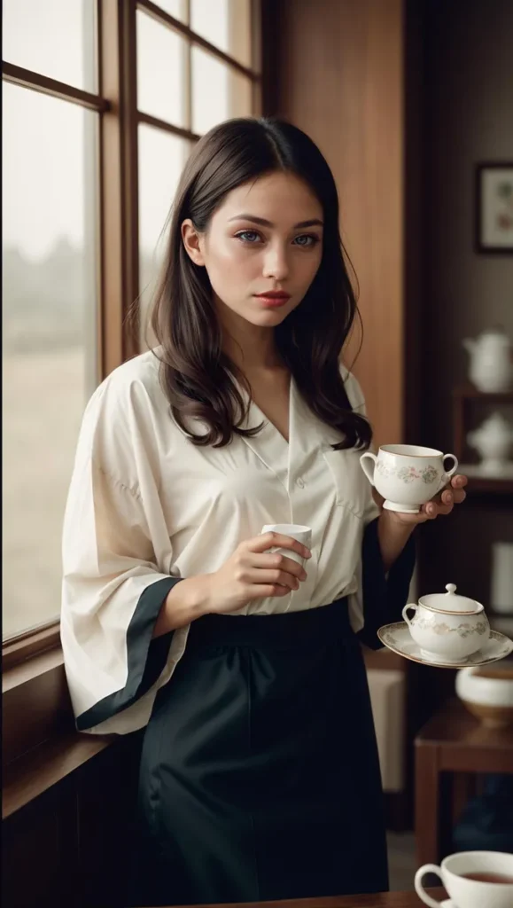 A woman in a white blouse and dark skirt drinking tea in a cozy tea room, generated with Stable Diffusion AI.