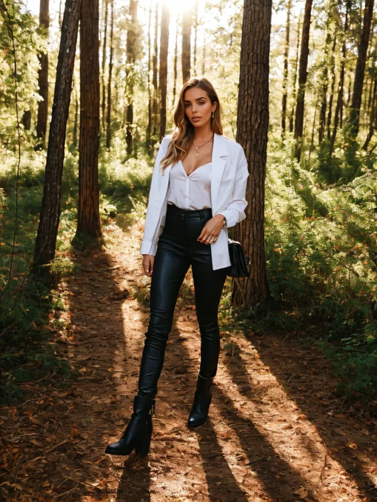 A stylish woman in a white blouse and black leather pants standing in a sunlit forest. AI generated image using stable diffusion.