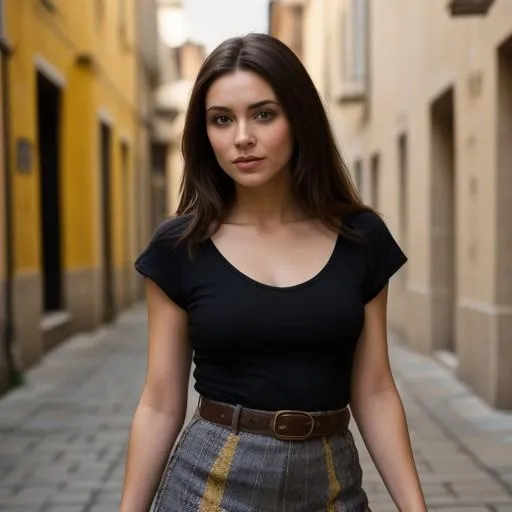 A realistic AI-generated image of a woman with brown hair standing in a narrow alleyway. She is wearing a black top with a grey striped skirt and a brown belt.
