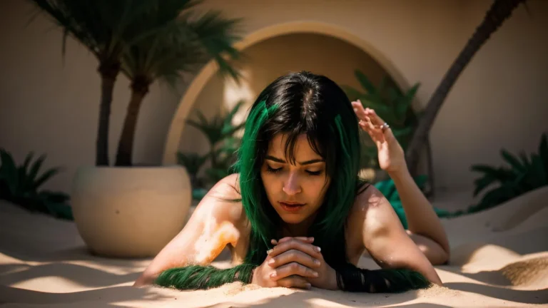 A woman with green hair lying in the sand in a desert garden, created with AI using Stable Diffusion.