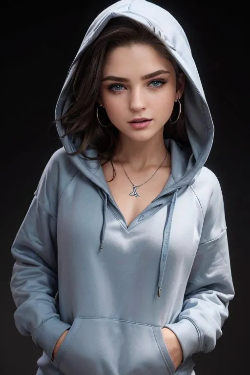 A young woman with striking blue eyes, wearing a light grey hoodie with the hood up, accessorized with hoop earrings and a simple necklace, gazing into the camera. This is an AI generated image using stable diffusion.
