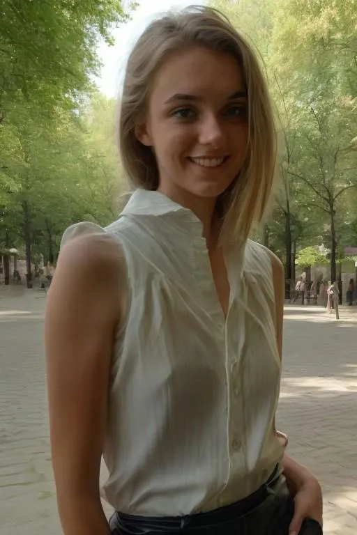 AI generated image of a woman with a white sleeveless shirt standing in a park with lush green trees using Stable Diffusion.