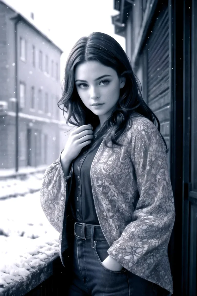 A young woman with long dark hair standing on a snowy street, wearing a patterned jacket and high-waisted jeans, created using Stable Diffusion.