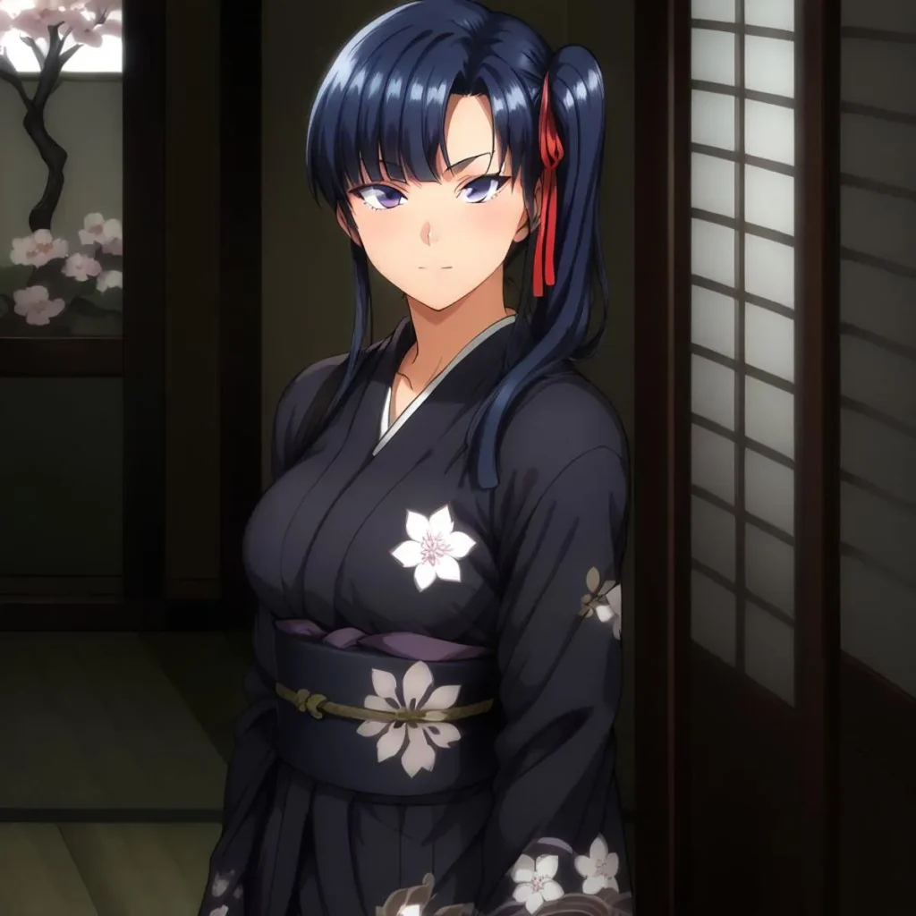 Anime art of a beautiful dark-haired woman wearing a traditional black kimono adorned with floral patterns, created using Stable Diffusion.