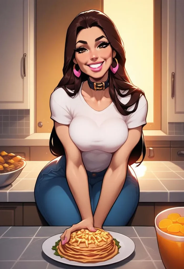 Stylized image of a smiling woman in a kitchen, preparing to serve a plate of pancakes. This is an AI generated image using Stable Diffusion.