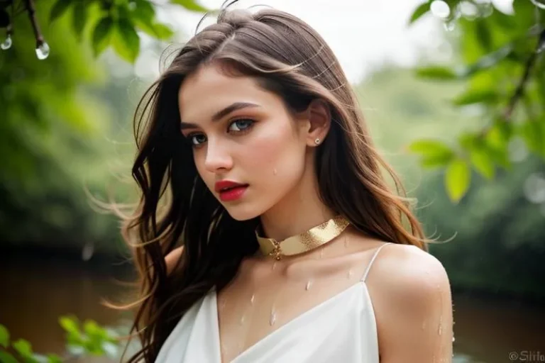 A beautiful woman with long brown hair, wearing a white dress and a gold necklace, standing against a serene nature background. AI generated image using Stable Diffusion.