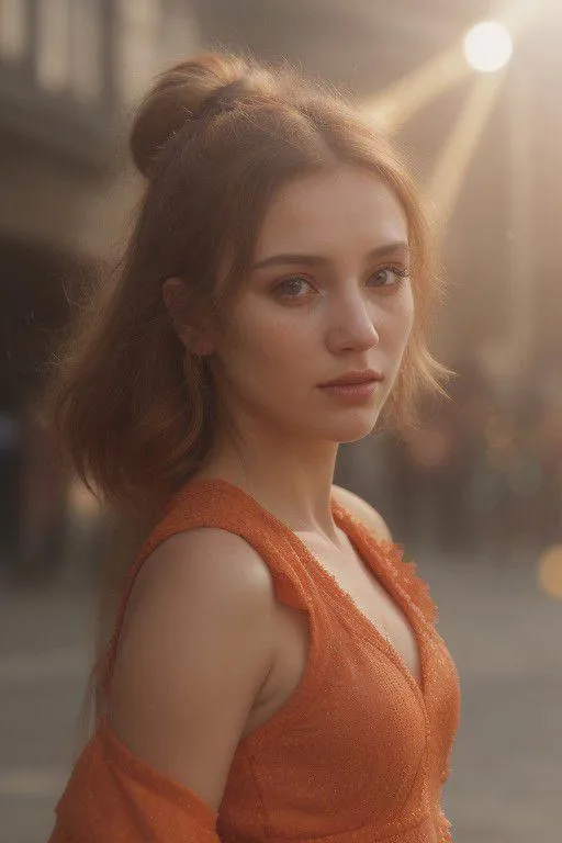 Beautiful woman with long hair in an orange dress standing at sunset, generated by AI using stable diffusion.