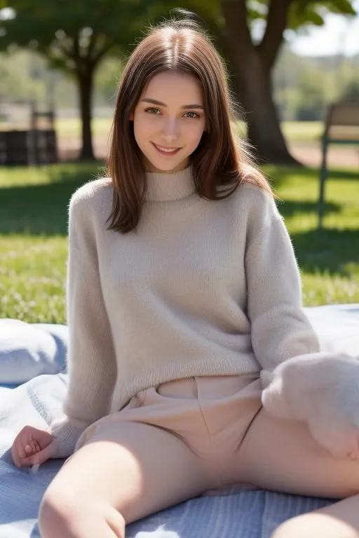 A woman with long brown hair and a beige sweater sitting on a blanket in a park, AI generated using stable diffusion.