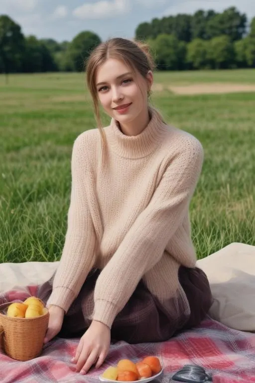 A woman with a beige sweater sits on a red checkered blanket in a park with a basket of peaches nearby. This is an AI generated image using Stable Diffusion.