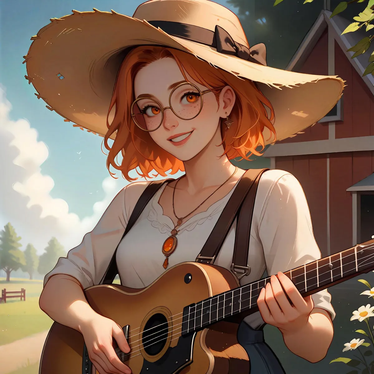 A woman with orange hair and glasses playing a guitar, wearing a large sunhat and a pendant necklace. She is standing beside a farmhouse on a sunny day. This is an AI generated image using Stable Diffusion.