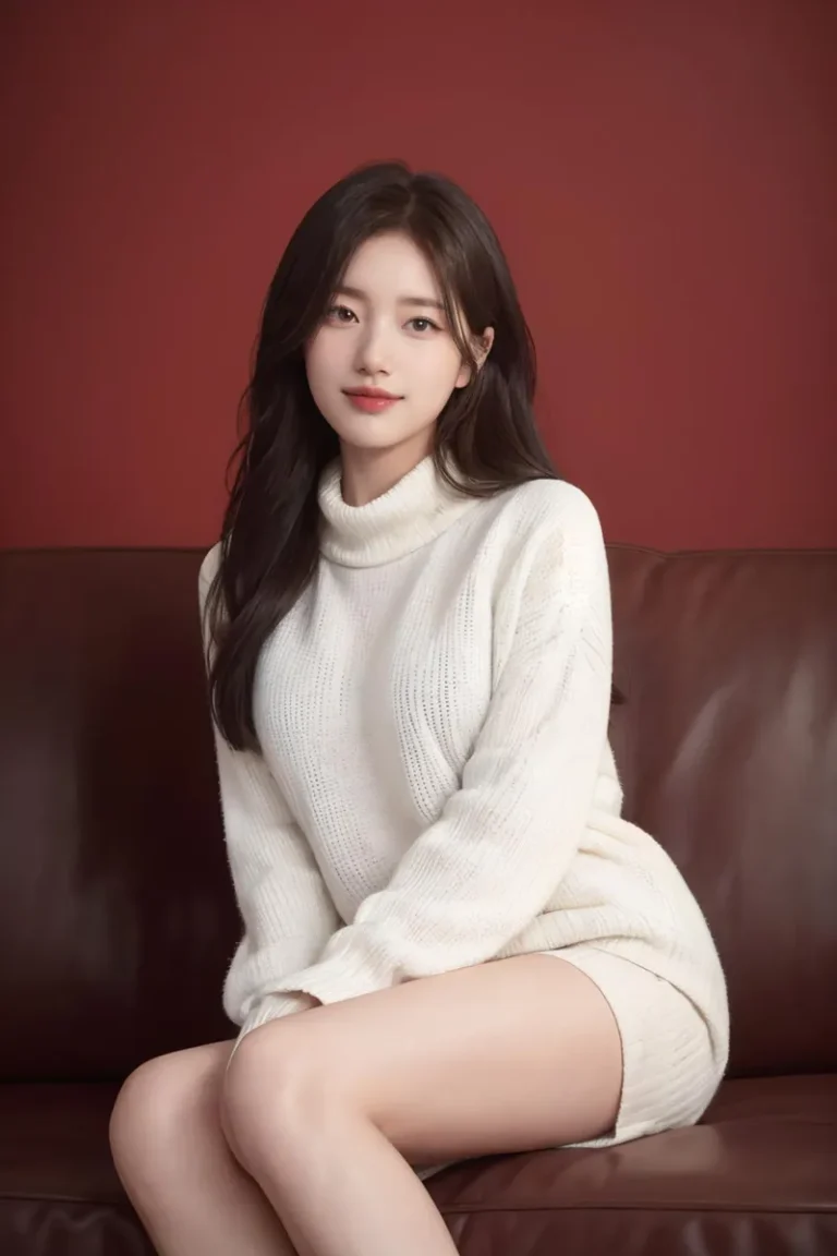 Portrait of a woman created with AI using Stable Diffusion, showcasing a young woman with long dark hair wearing a cozy white sweater, sitting on a brown leather couch against a maroon background.