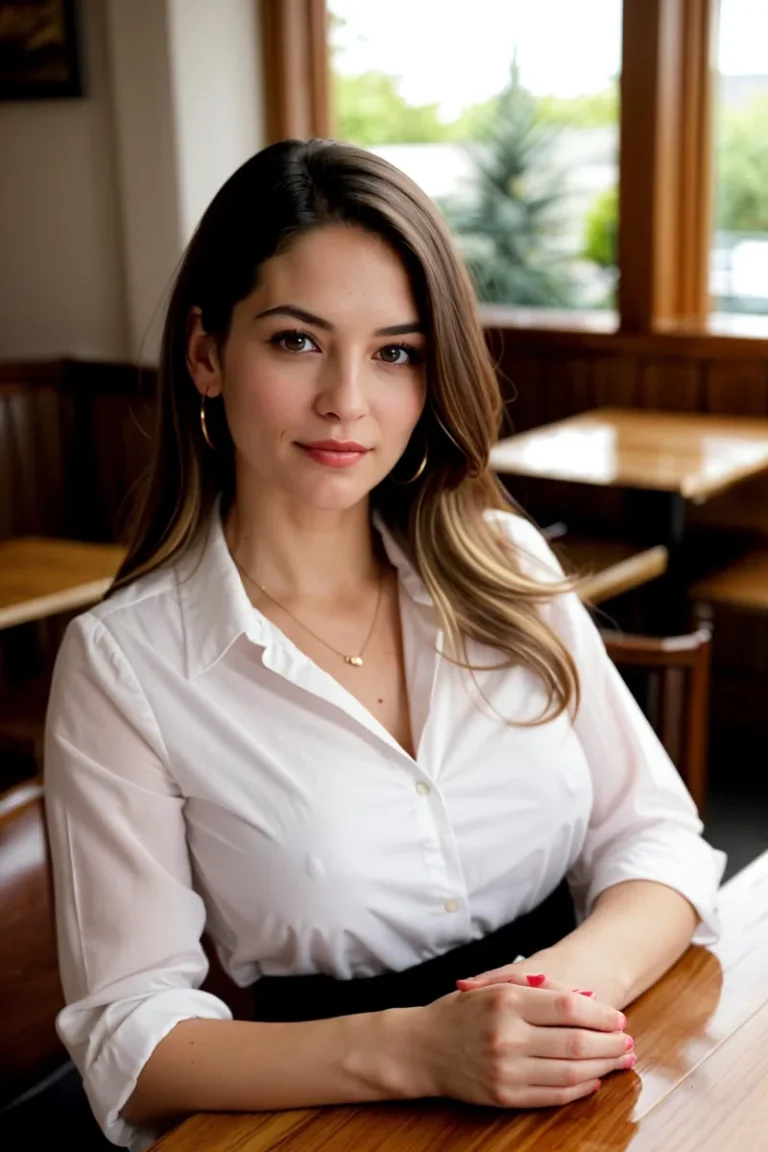 A portrait of a woman with long brown hair, wearing a white blouse, sitting in a cafe setting created using Stable Diffusion.
