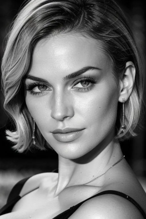 A close-up portrait of a beautiful woman with short blonde hair, shown in black and white, created using AI and Stable Diffusion.
