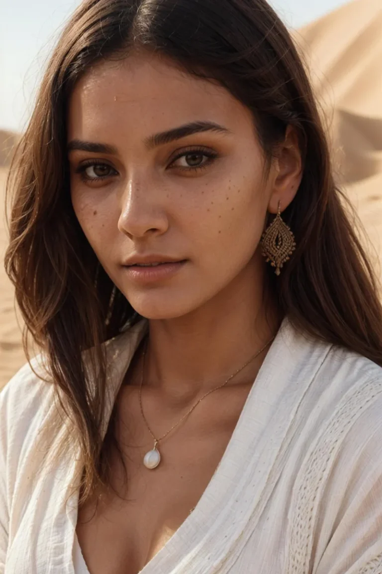 AI generated image of a young woman with long brown hair, wearing a white blouse and intricate earrings. The background features a desert landscape created using Stable Diffusion.