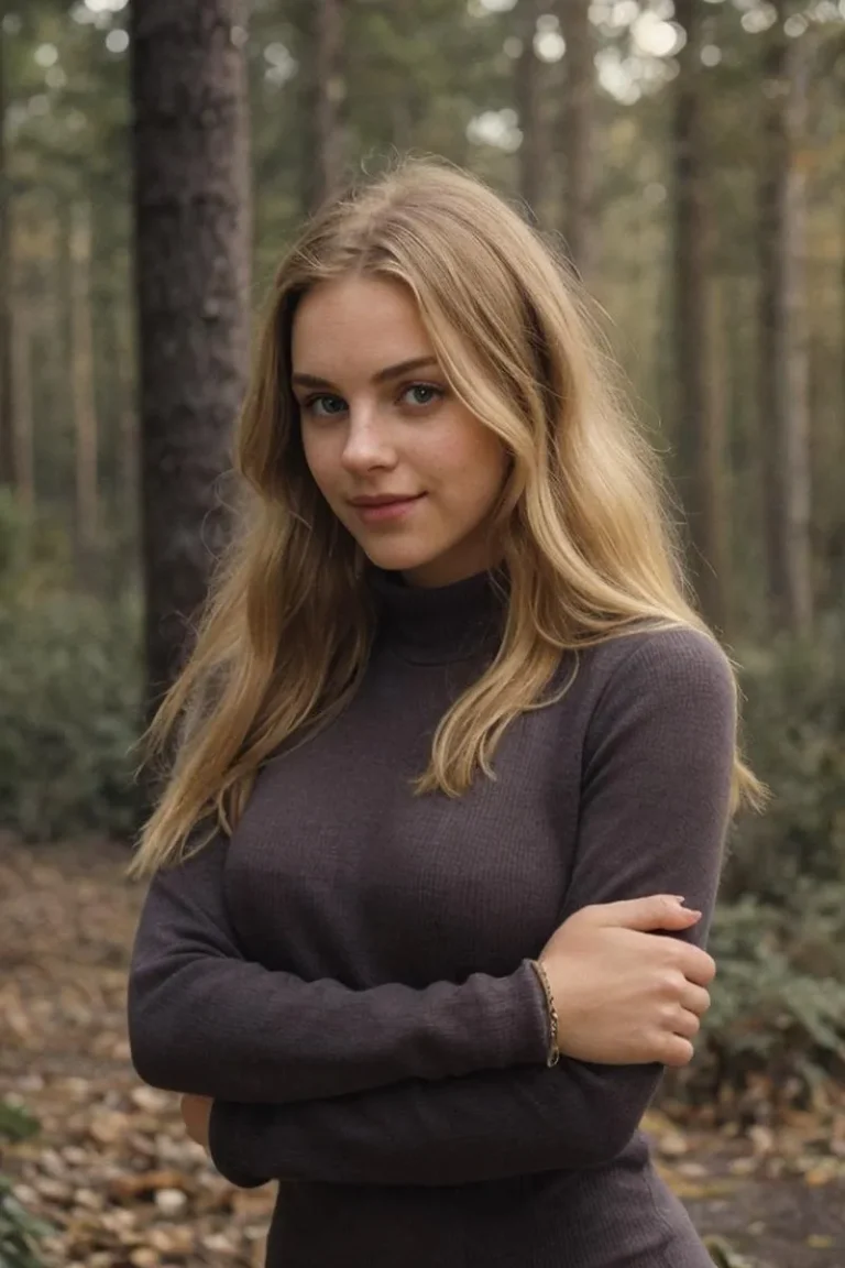 AI generated image of a woman with long blonde hair and a dark turtleneck, standing with arms crossed in a forest. Created using Stable Diffusion.