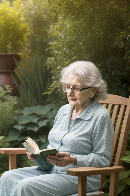 Elderly woman with glasses reading a book while sitting in a peaceful garden, generated by AI using stable diffusion.