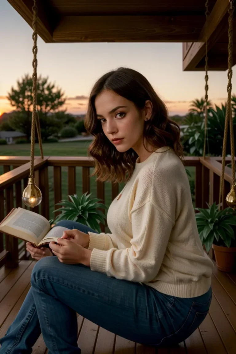 A woman with wavy brown hair, wearing a cream sweater and blue jeans, is sitting on a wooden porch swing at sunset, reading a book. AI generated image using Stable Diffusion.