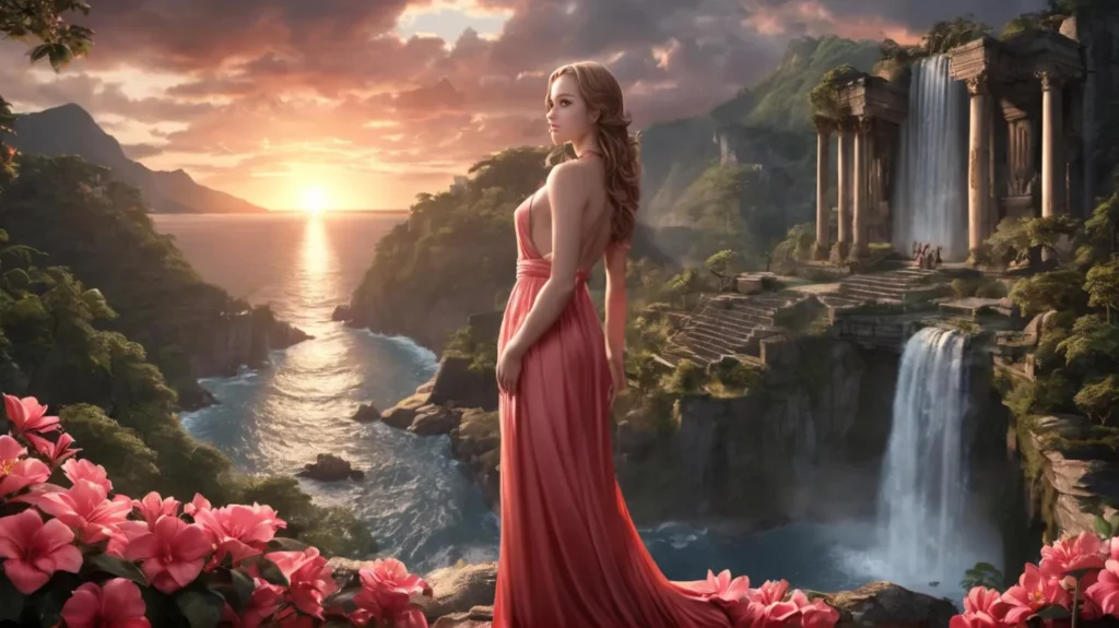 A digitally created image using stable diffusion. A woman in a flowing red dress stands gracefully amidst ancient ruins, overlooking a breathtaking sunset over an ocean. A towering waterfall flows beside moss-covered stone structures surrounded by verdant greenery and flowering pink shrubs.
