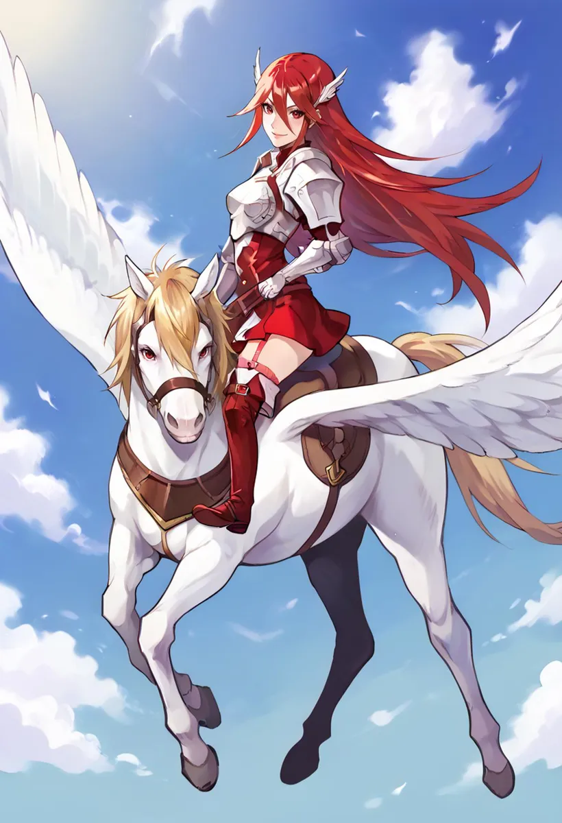Fantasy illustration of an armor-clad woman with long red hair riding a white winged horse, created using AI and Stable Diffusion.