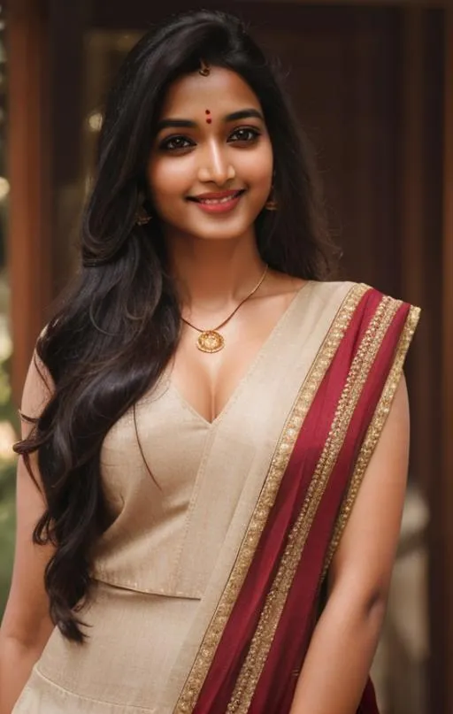 A beautiful woman with long dark hair, wearing a beige and maroon traditional sari, AI generated using Stable Diffusion.