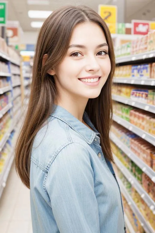 Smiling woman in a denim shirt shopping in a grocery store, AI generated image using Stable Diffusion.