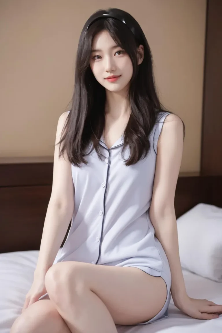 Beautiful woman with long black hair wearing a headband, sitting on a bed in light blue sleepwear. AI generated image using Stable Diffusion.