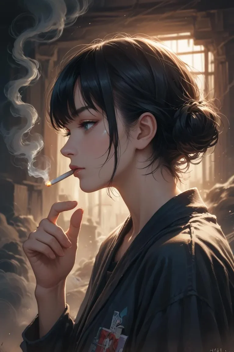 A digital art piece created using Stable Diffusion, depicting a young woman with dark hair styled in a bun, smoking a cigarette. She has a solemn expression, and the image is set in an atmospheric and softly lit room.