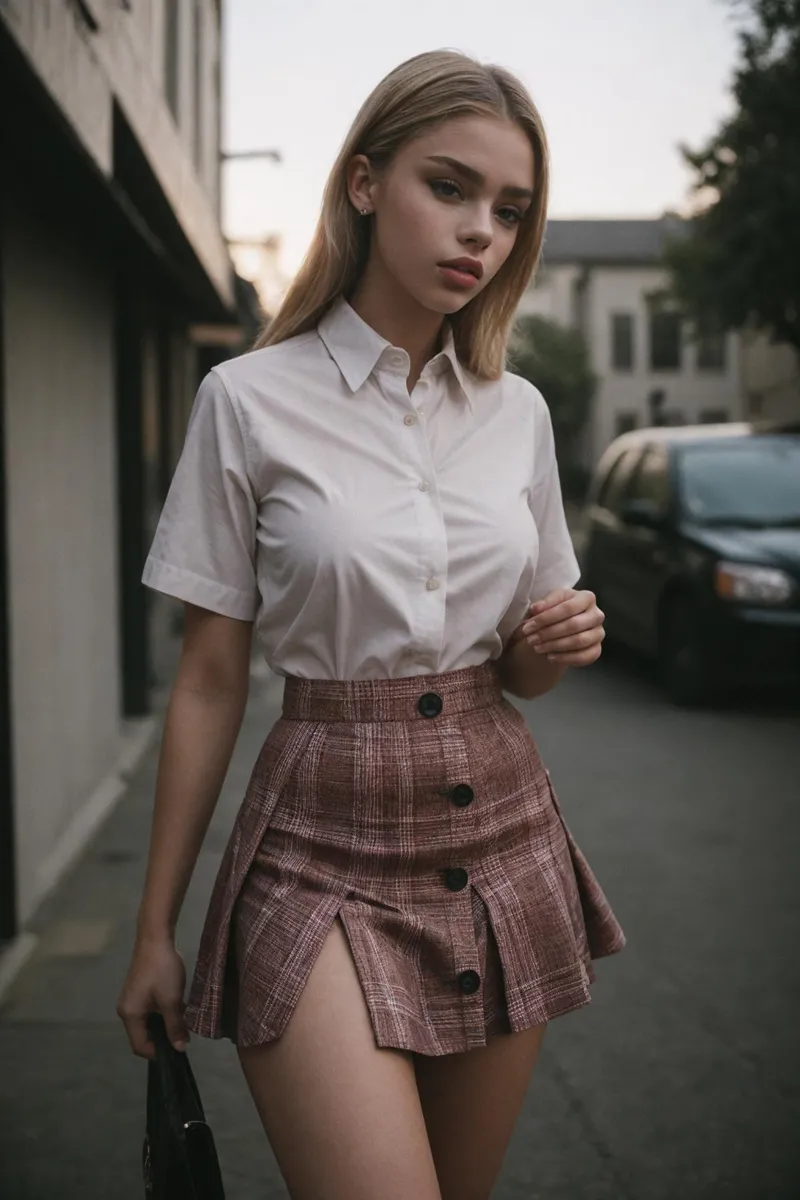 A young woman with blonde hair wearing a white short-sleeved button-up shirt and a brown plaid skirt standing on a street. AI generated image using Stable Diffusion.