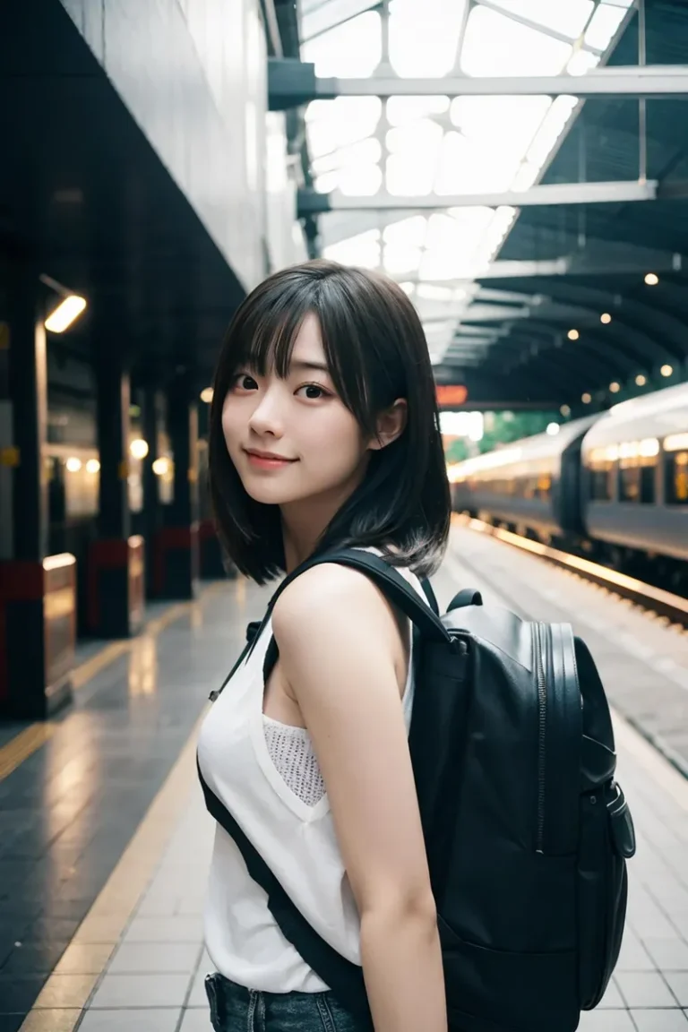AI generated image using Stable Diffusion of a young woman with a black backpack at a train station, she is wearing a white top and smiling slightly.