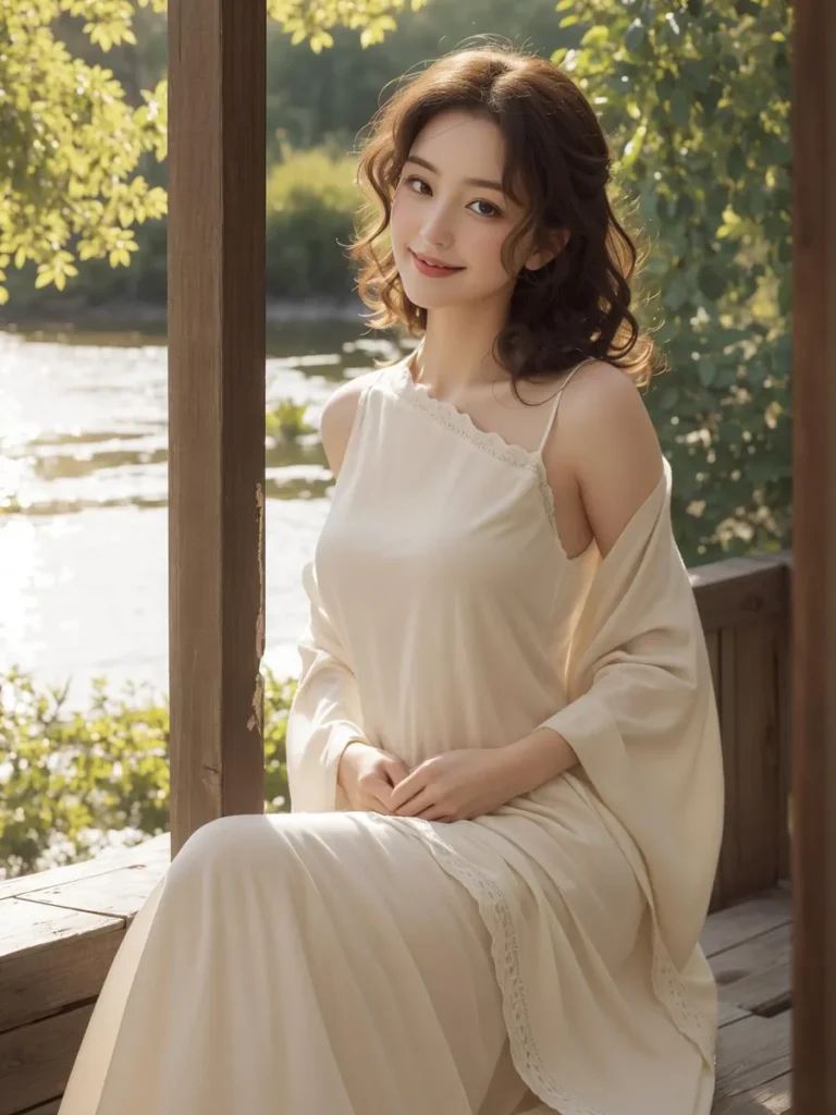 A smiling woman wearing a white dress, sitting outdoors near a lake, generated by AI using stable diffusion.