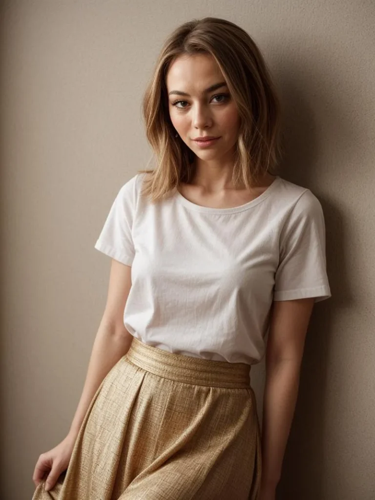 Young woman in a white t-shirt and beige skirt, created by AI using Stable Diffusion.