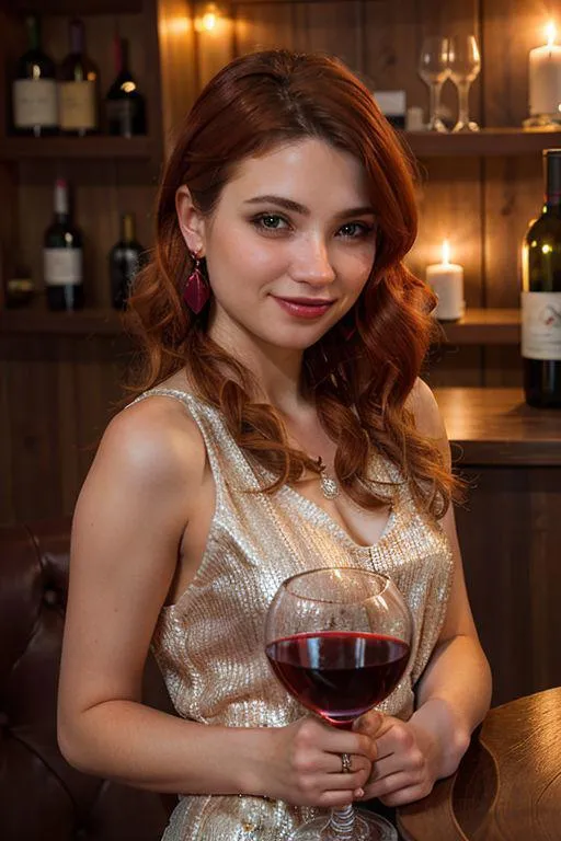A smiling woman in a shimmering dress holding a glass of red wine in a cozy bar, AI generated image using Stable Diffusion.