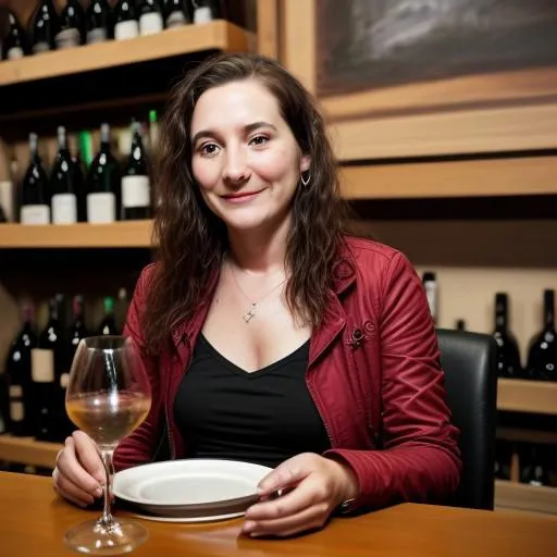 A woman with long brown hair in a red jacket sitting at a restaurant table holding a wine glass, with shelves of wine bottles in the background. AI generated image using Stable Diffusion.