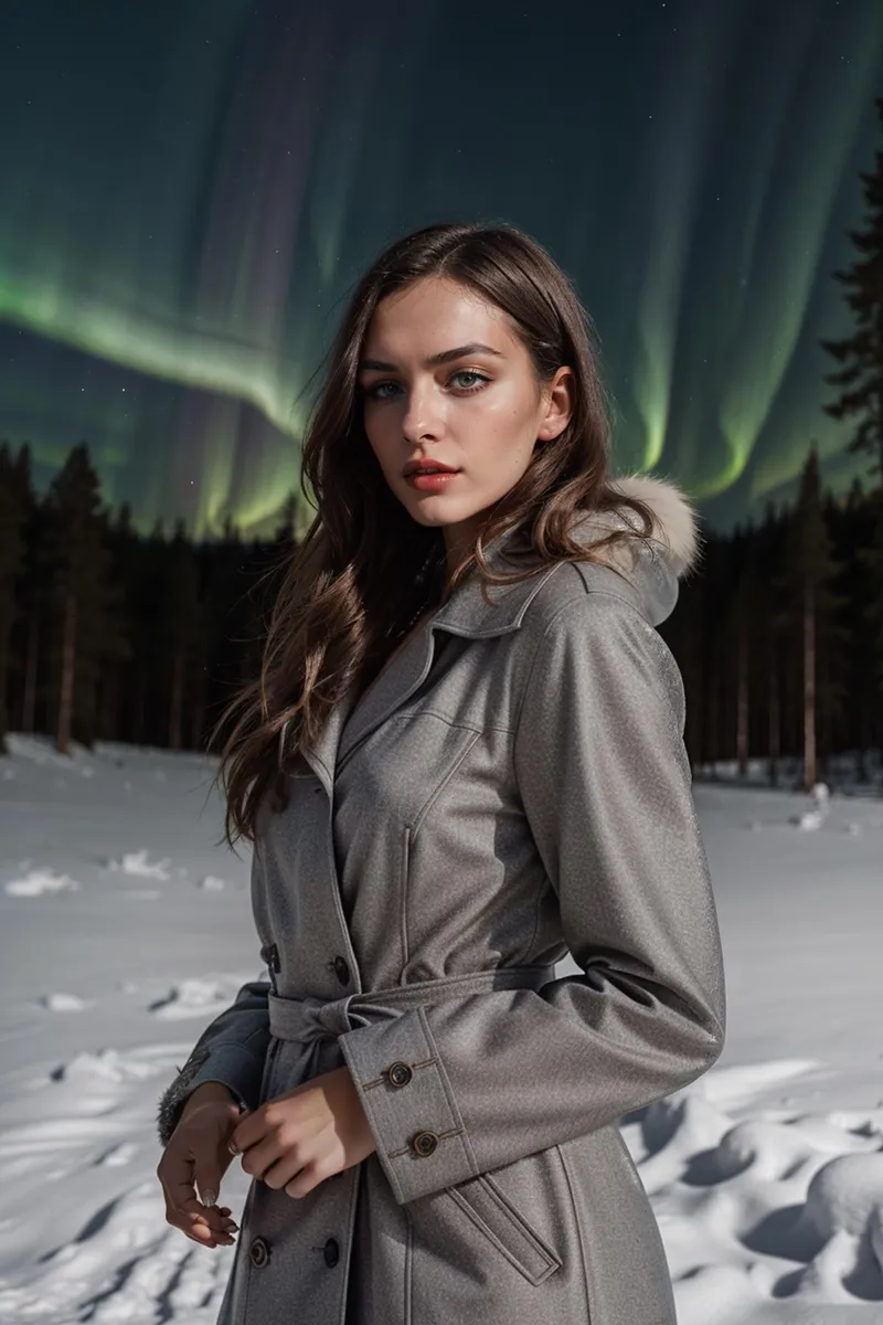 A woman in a gray winter coat stands before a backdrop of the northern lights in a snowy forest, generated using Stable Diffusion.