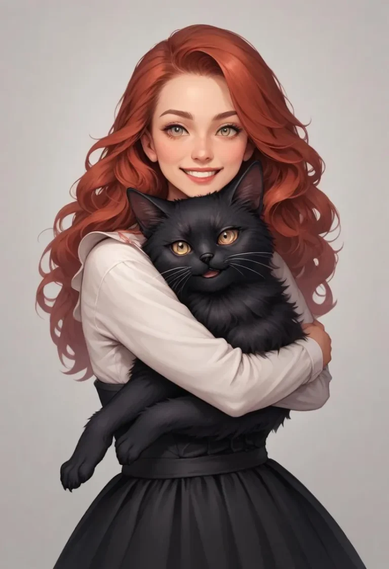 AI generated image of a smiling red-haired woman holding a black cat, created using Stable Diffusion.
