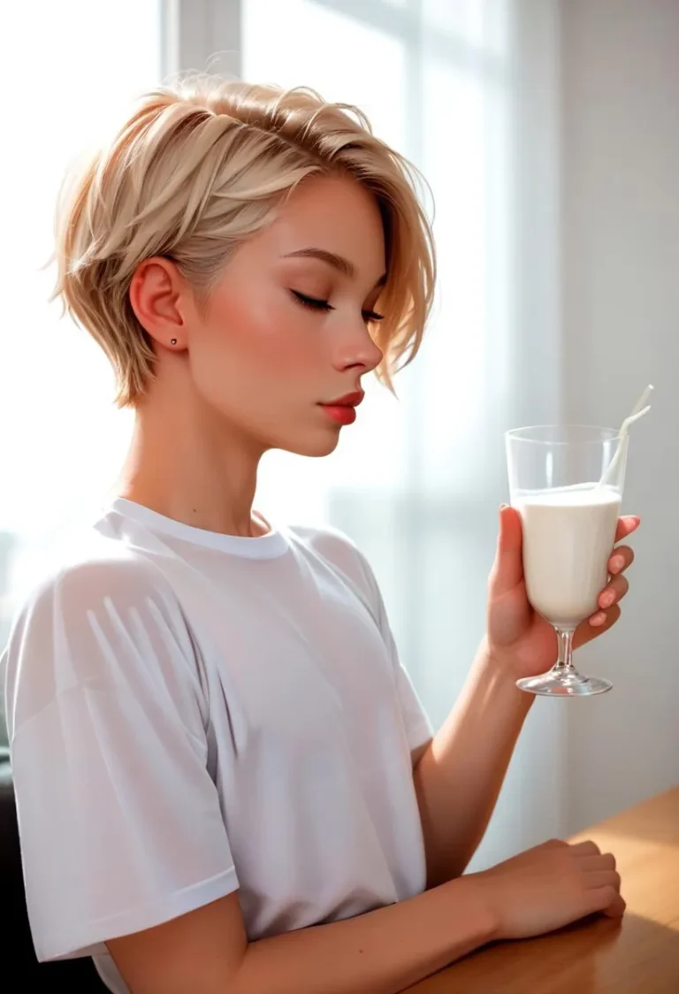 AI-generated image using Stable Diffusion, depicting a blonde woman with short hair, holding a glass of milk in one hand. She is wearing a white t-shirt in a modern, minimalist setting.