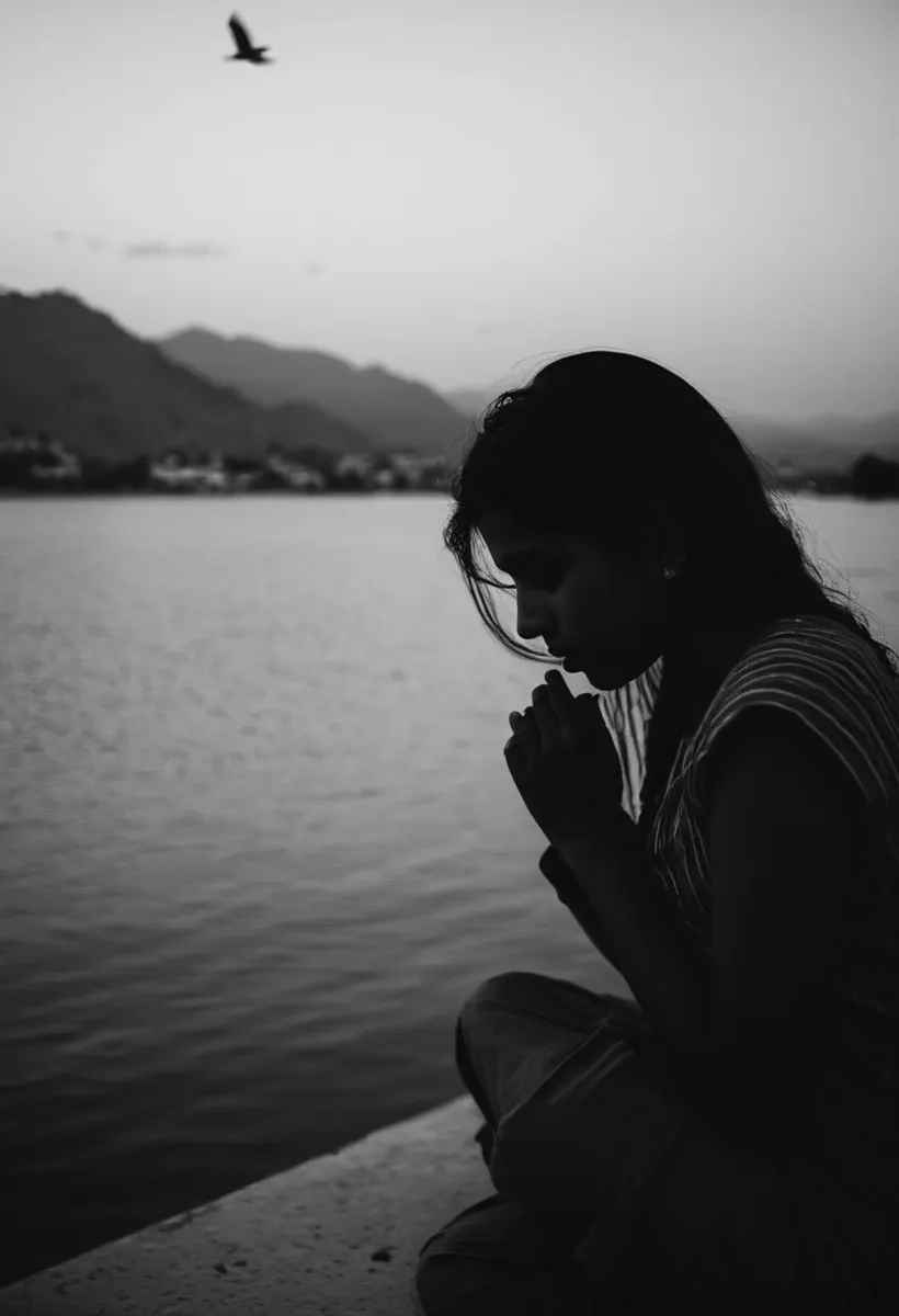 A silhouette of a woman sitting by a lake at sunset, generated by AI using Stable Diffusion. The scene features a calm water surface, distant mountains, and a bird flying overhead.