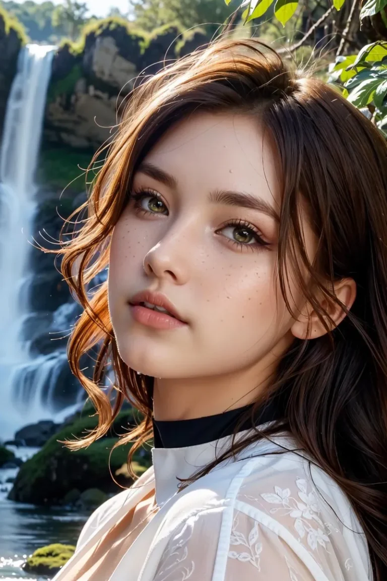 AI generated image using stable diffusion featuring a close-up portrait of a beautiful woman with wavy brown hair and green eyes set against a nature background with a large waterfall and lush greenery.