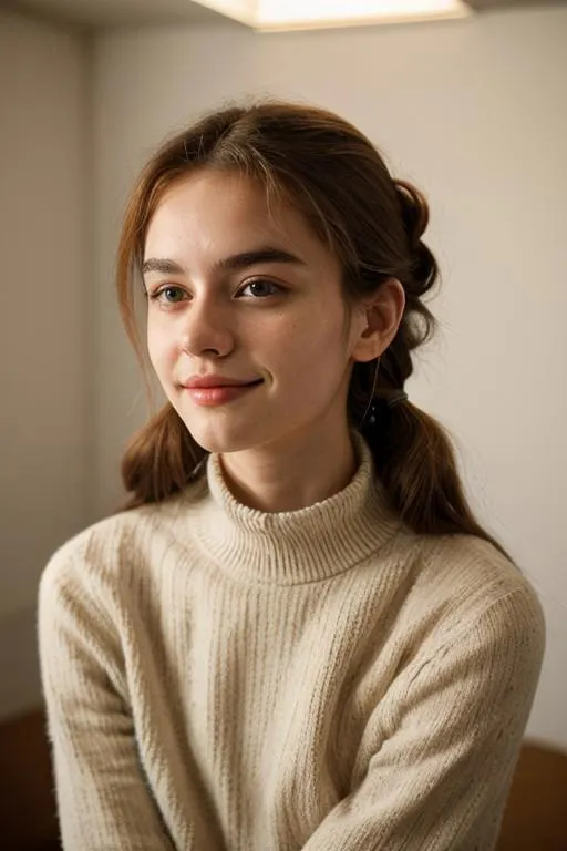 A young woman with a serene smile, wearing a cozy cream-colored turtleneck sweater, created using Stable Diffusion AI.