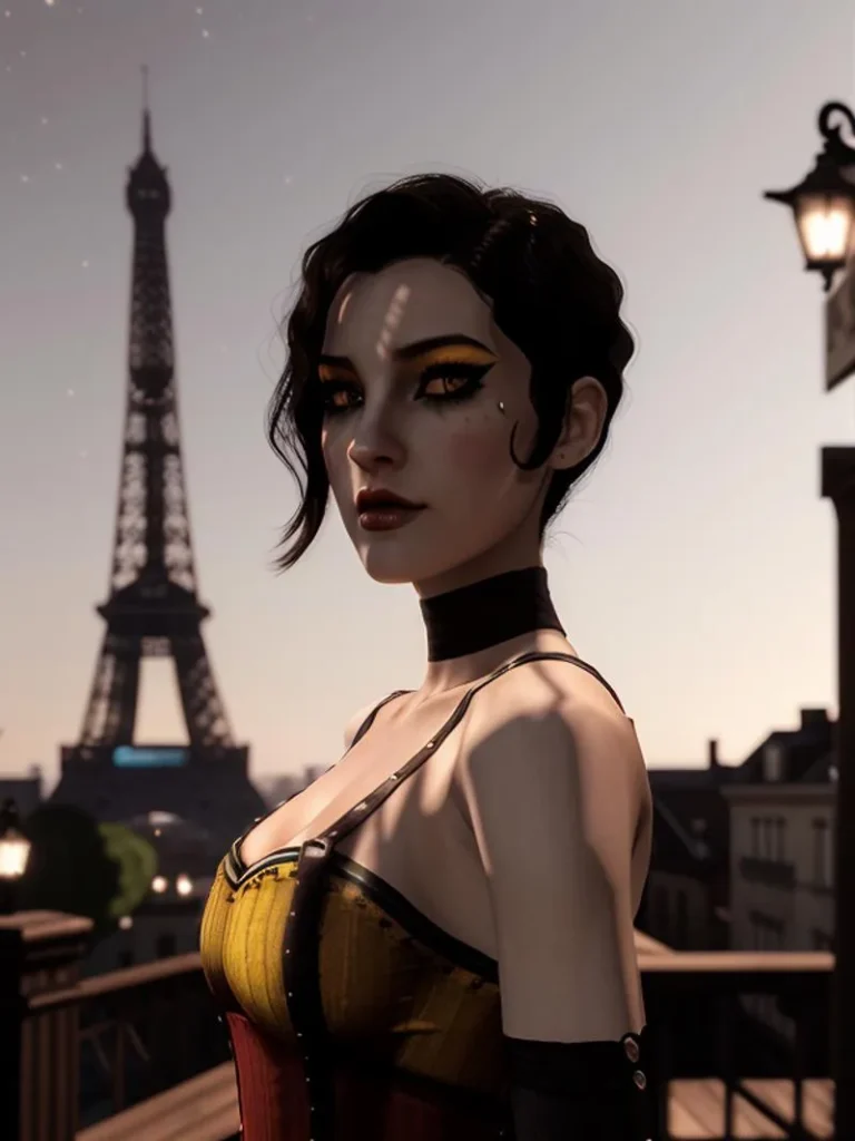 A striking woman with dark hair and dramatic makeup, standing in front of the Eiffel Tower at dusk, an AI generated image using Stable Diffusion.