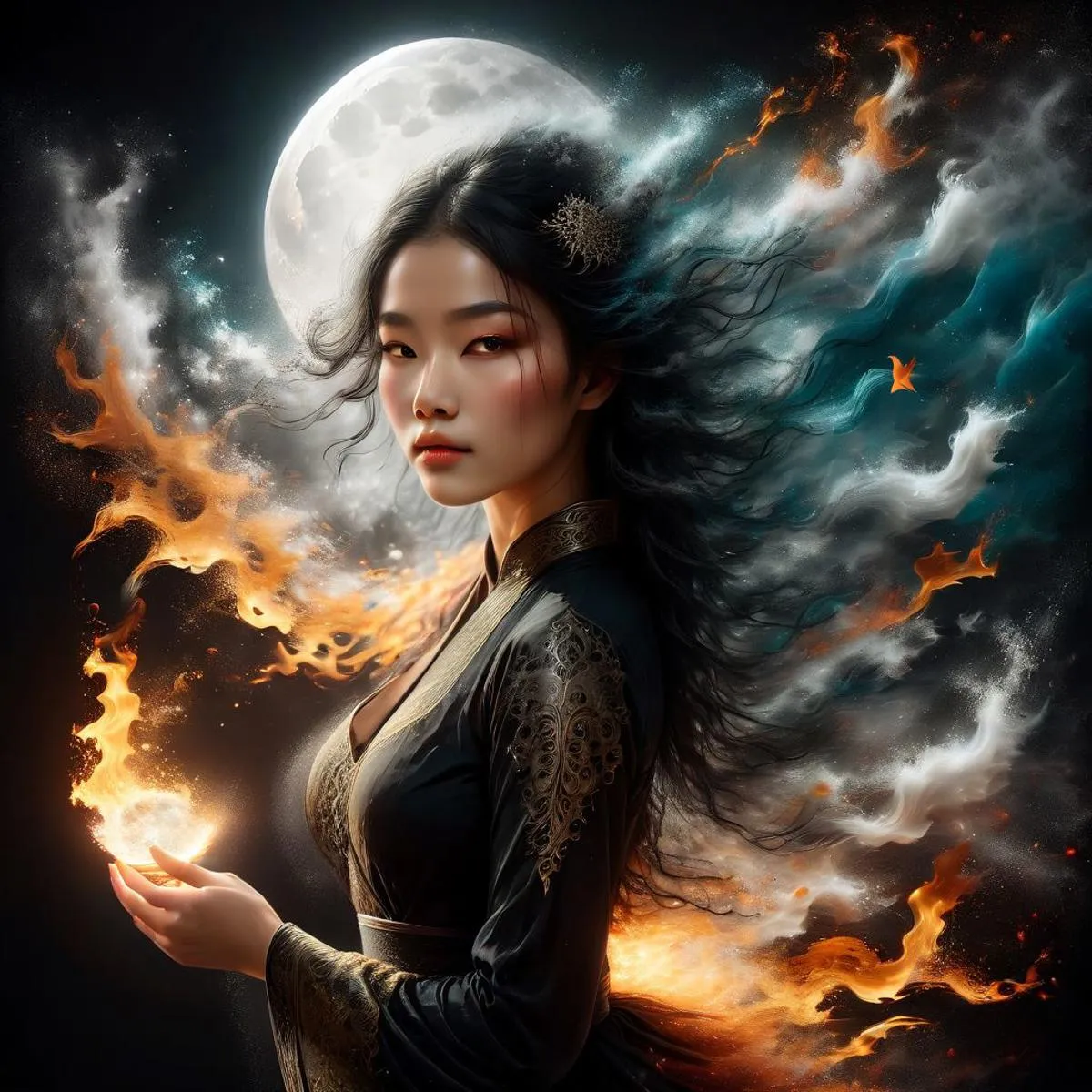 A fantasy art image of a woman with long flowing hair, holding fire in one hand with the full moon in the background. This is an AI generated image using Stable Diffusion.