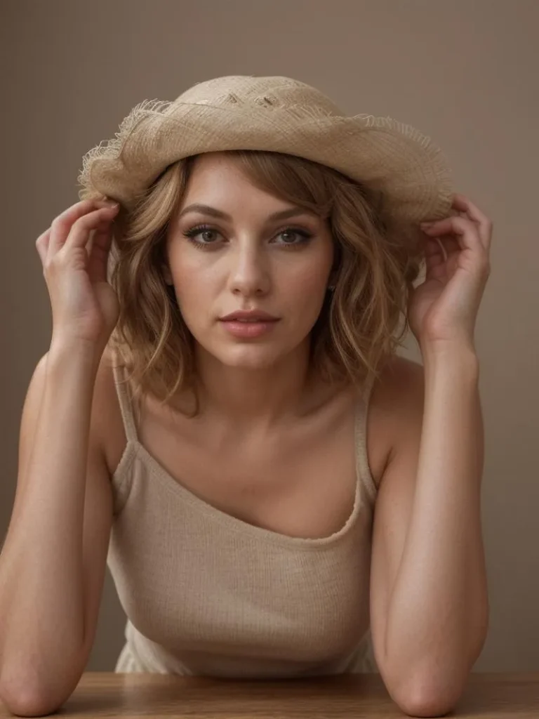 AI generated image of a woman with short blond hair, wearing a beige dress and hat, with hands touching the hat, neutral background.